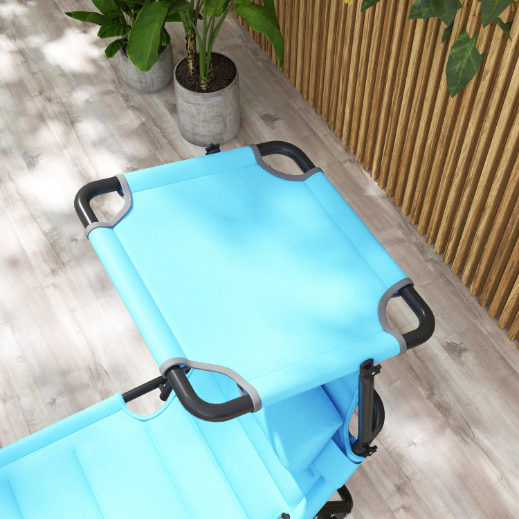 Outsunny Outdoor Lounge Chair, Adjustable Backrest Folding Chaise Lounge, Cushioned Tanning Chair W Sunshade Roof & Pillow Headrest For Beach, Camping, Hiking, Light Blue