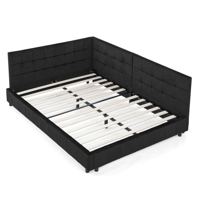 Full Size Upholstered Tufted Bed Frame, Sofa Bed Frame With Comfortable Backrest And Armrests, Full Size Bed For Bedroom, Living Room,Velvet, Black 80.5''*59''*30.5''