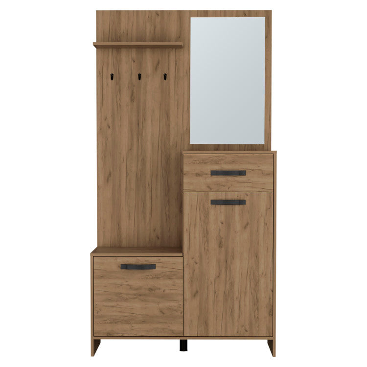Parker 75" Tall Mirrored Tree Hall With Hangers, Three Shelves, Two Cabinets, One Drawer, Entry Way, Console Table, Living Room Light Oak