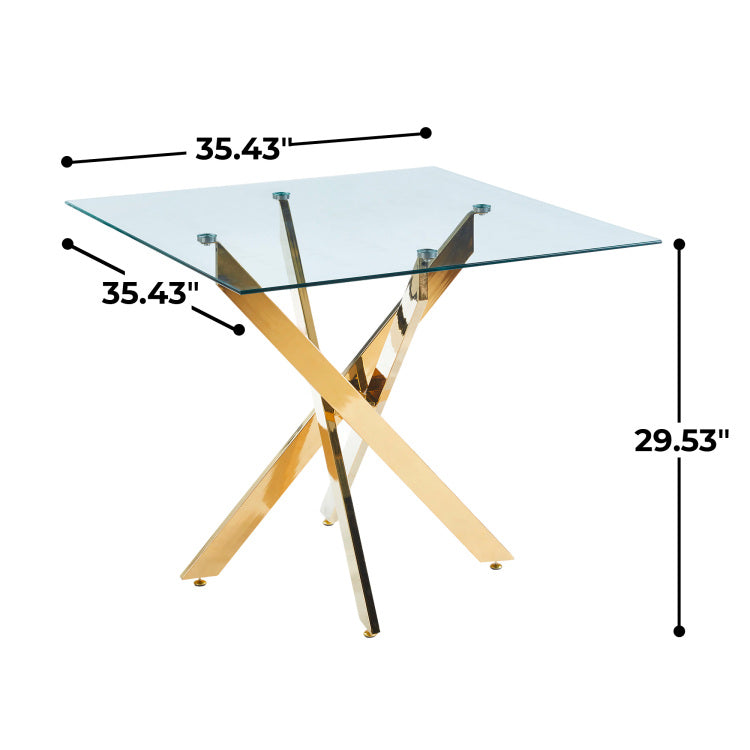 Dining Table With Cross Metal Leg And Tempered Glass,Modern Space Saving Kitchen Table For Living Room,Chrome Legs,Square Table,Golden Legs,90X90X75Cm