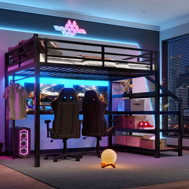 Full Loft Bed With Desk And Storage Stairs, Metal Loft Beds With Led Lights, Usb Ports, Multifunctional Iron Nets, No Spring Box Needed And Noise Free, Black
