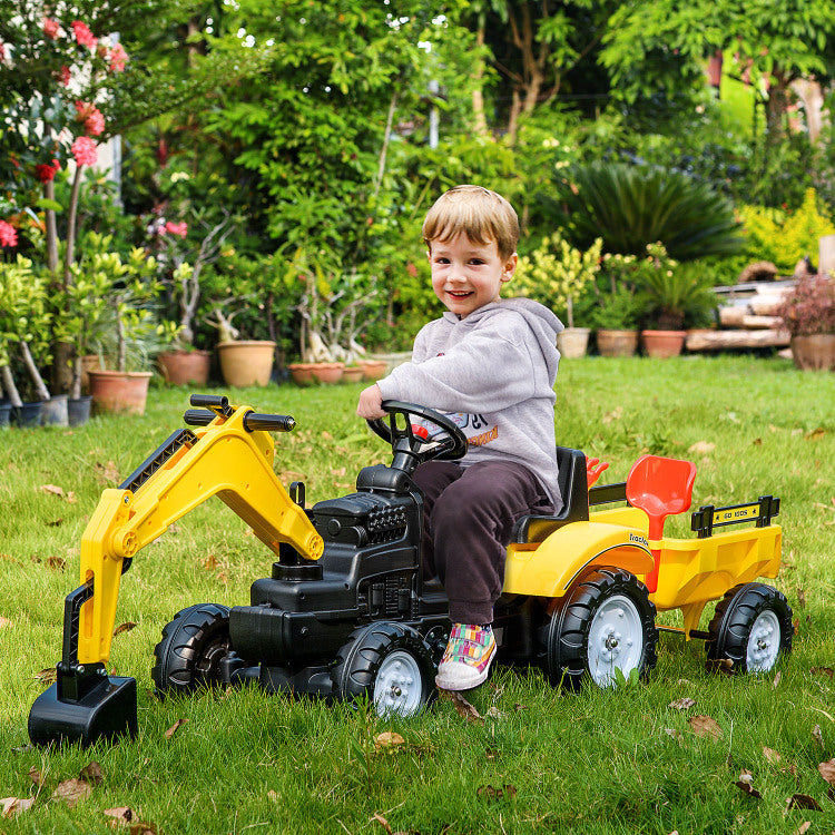 Aosom Digger Ride On Truck Kids Car With Horn, Excavator Ride On Toy, Imaginative Toy Construction Car, 6 Wheels & Detachable Trailer, Yellow