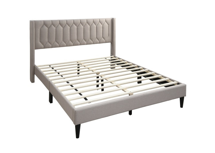 Modern Eye Catching 1Pc Queen Size Bed Light Brown Burlap Fabric Unique Diamond Design Headboard Bedframe