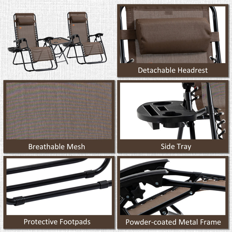 Outsunny Zero Gravity Chair Set With Side Table, Folding Reclining Chair With Cupholders & Pillows, Adjustable Lounge Chair For Pool, Backyard, Lawn, Beach, Brown
