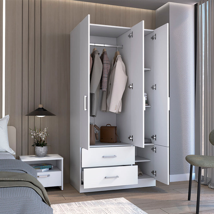 Sebree 71" High Armoire Wardrove Closet With 2 Drawers, Four Doors , Three Cabinet , Six Shelves And Hanging Rod, Bedroom Clothes Storage Cabinet Organizer White