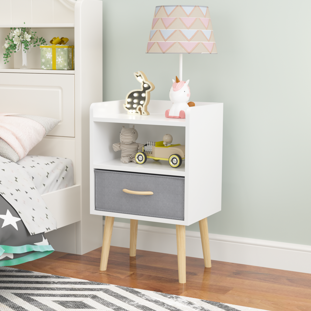 Nightstand With Collapsible Fabric Drawer, 2 Tier Storage End Table, Wood Side Table With Storage Cabinet For Kids, Adults White