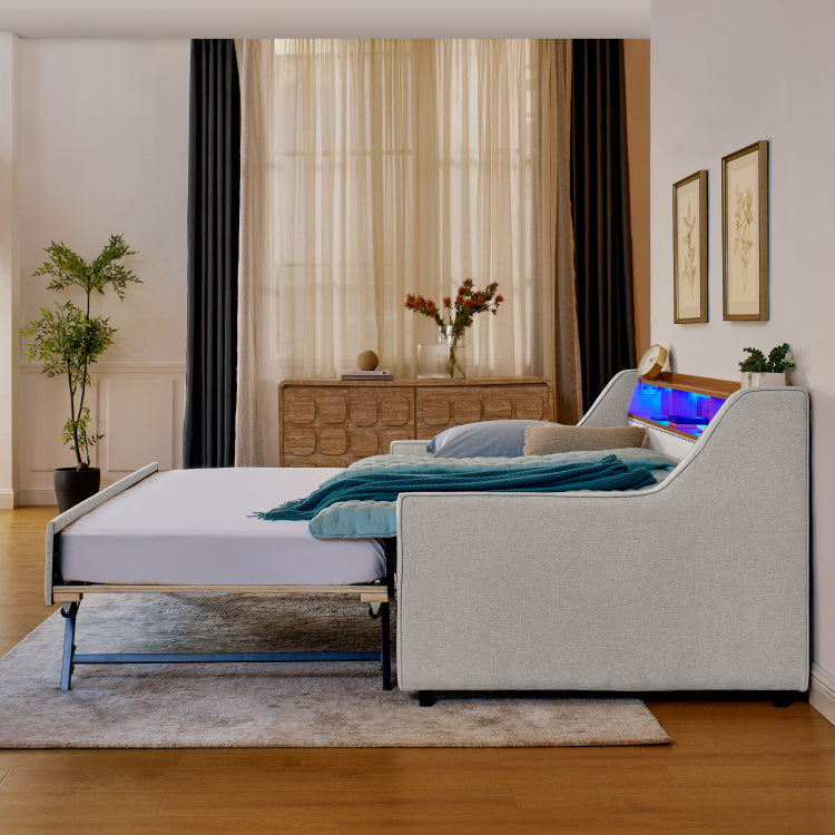 Twin Size Upholstery Sofa Bed With Three Led Lights, With Storage Adjustable Headboard, With Foldable Leg Pull Up Trundle Bed And Wireless Charging, Linen Padded Sofa Bed Frame, Beige