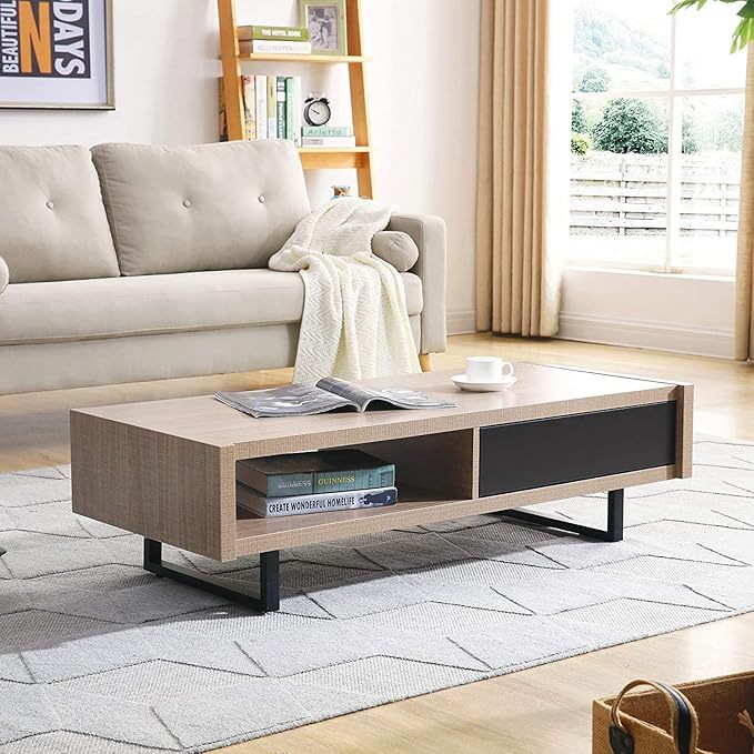 Mid Century Modern Ash Living Room Coffee Table,Tan