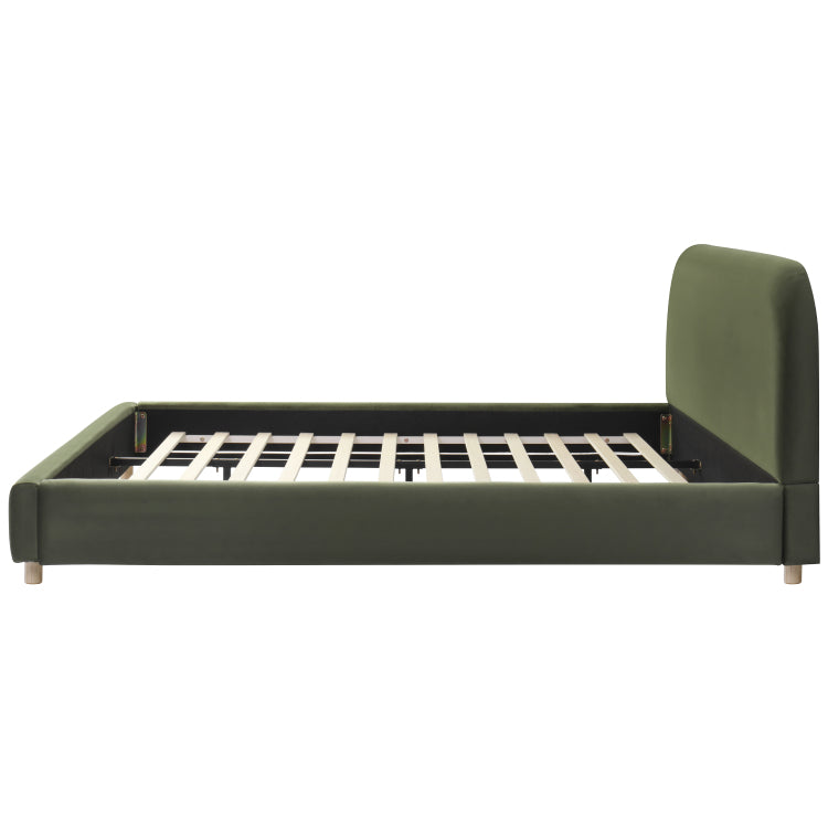 King Size Platform Bed With Velvet Fabric, Upholstered Platform Bed With Curve Shaped Design Headboard, Olive Green