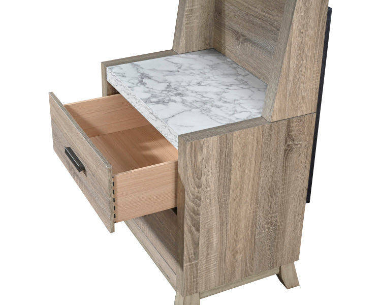 1Pc Rustic Transitional Contemporary Nightstand Wall Panel Natural Brown Faux Stone Top W Led Light Bed Side Cabinet
