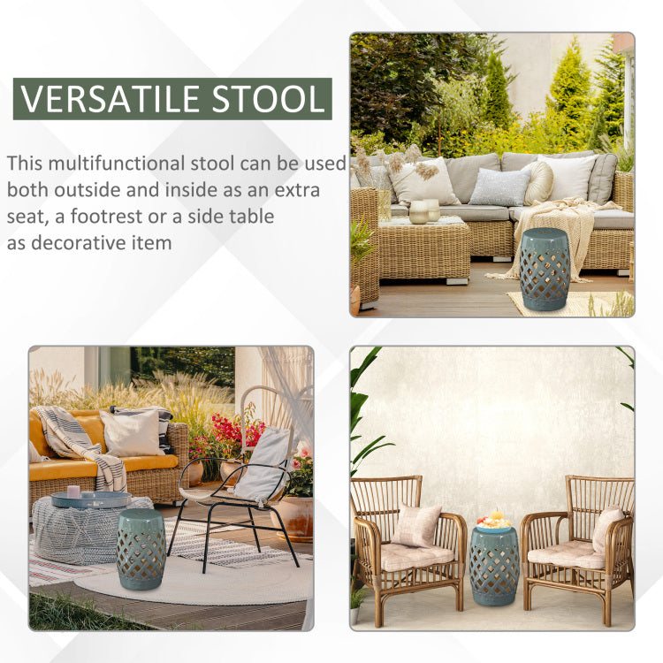 Outsunny 13" X 18" Ceramic Garden Stool With Woven Lattice Design & Glazed Strong Materials Decorative End Table, Green