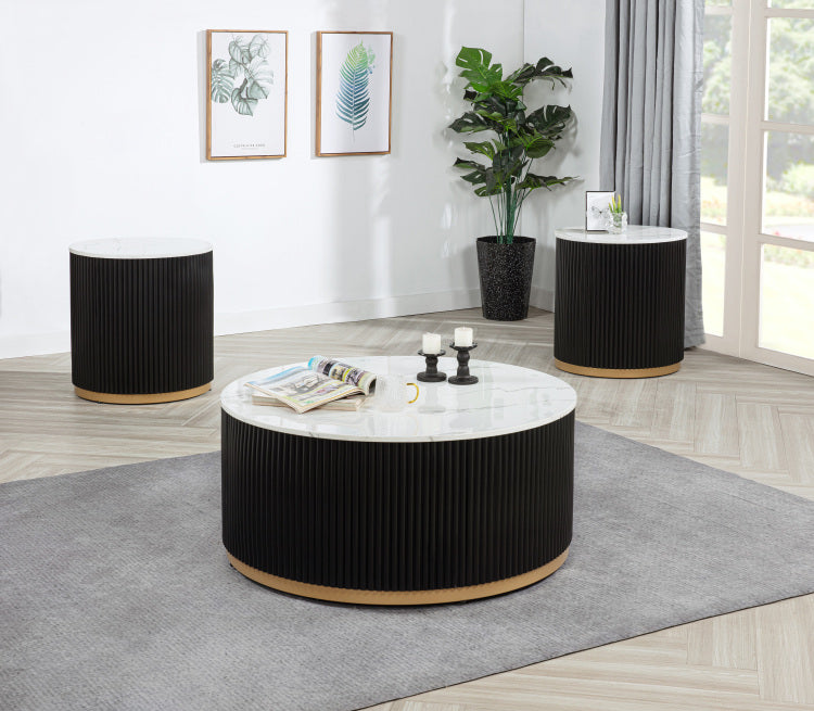 1Pc Coffee Table Modern Cocktail Group Luxurious Marble Inspired Top Reeded Base Gold Finished Foundation With Casters Wooden Living Room Furniture