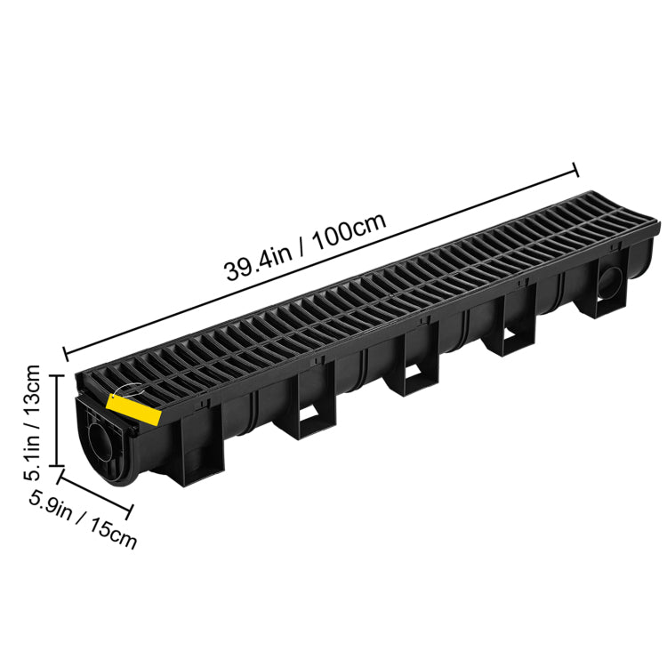 Trench Drain System, Channel Drain With Plastic Grate, 5.9X5.1 Inch Hdpe Drainage Trench, Black Plastic Garage Floor Drain, 6X39 Trench Drain Grate, With 6 End Caps, For Garden, Driveway 6 Pack