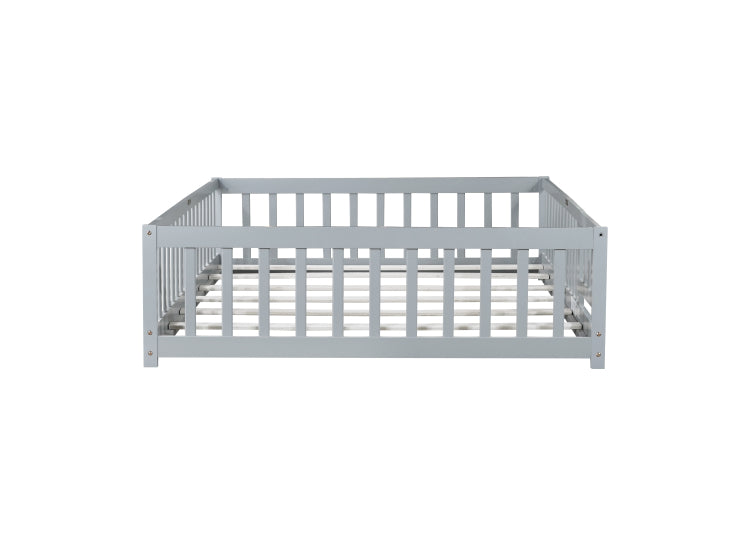 Full Size Floor Bed With Fence And Door,Rubber Wood Floor Bed With Safety Guardrails,Grey