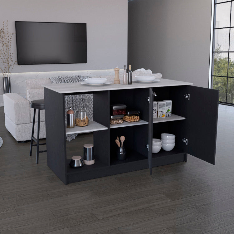 Kitchen Island With Large Countertop, Open Storage Shelves And Double Door Cabinet, Black Onyx