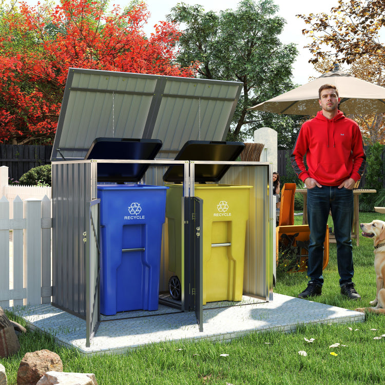 Garbage Bin Shed Stores 2 Trash Cans Metal Outdoor Bin Shed For Garbage Storage,54 Cubic Feet Of Space,Stainless Galvanized Steel, Bin Shed For Garden Yard Lawn,Grey