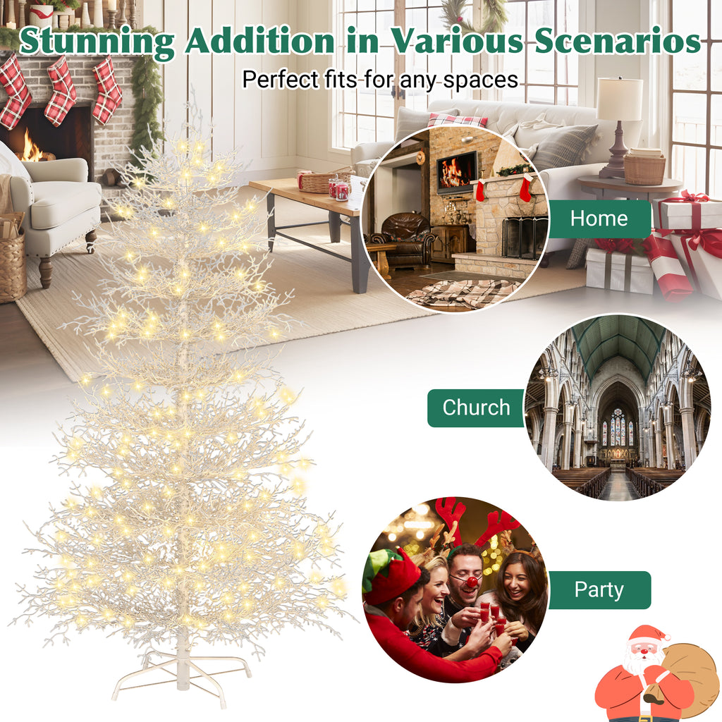 6Ft Pre Lit Aspen Fir Artificial Christmas Tree, Hinged Xmas Tree 623 Snow Flocked Branch Tips, 420 Warm White Led Lights, Holiday Coral Christmas Tree For Home Party