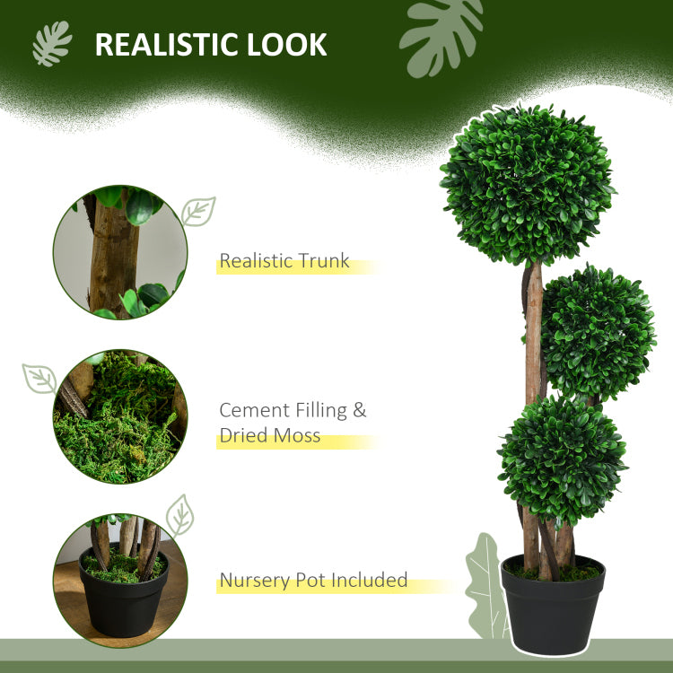 Homcom 3Ft 35.5" Artificial 3 Ball Boxwood Topiary Tree With Pot, Indoor Outdoor Fake Plant For Home Office, Living Room Decor