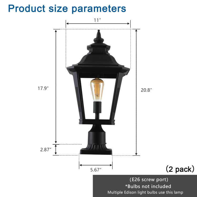 21" H 1 Pack Outdoor Post Lantern Light Vintage Black Metal & Clear Glass Pillar Lamp For Garden, Gate, Driveway, And Pathway Lighting With Elegant Design Bulb Not Included