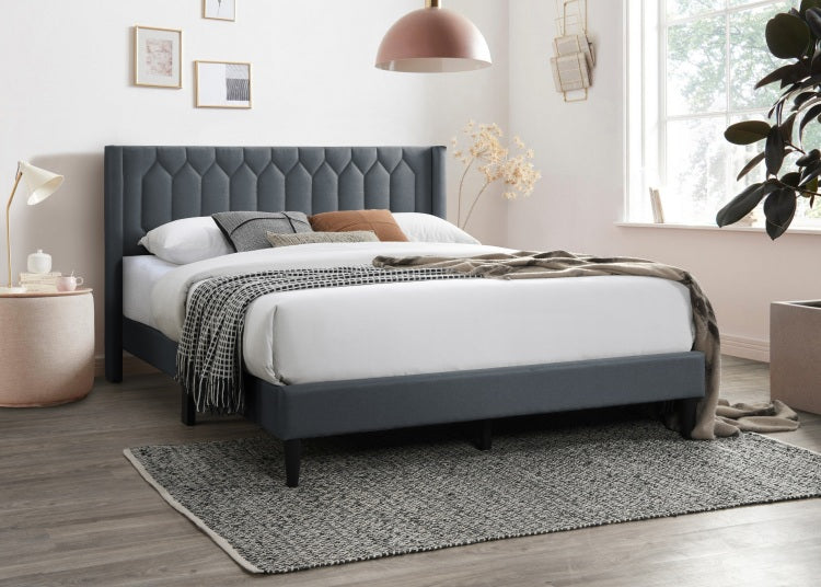 Modern Eye Catching 1Pc Queen Size Bed Charcoal Burlap Fabric Unique Diamond Design Headboard Bedframe