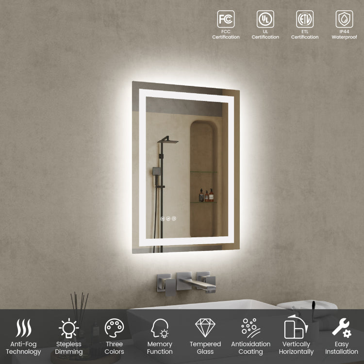 20"*28"Led Bathroom Mirror,Front Lit And Back Lit, Stepless Dimmable, 3 Colors Cri90 , Brightness Memory, Shatter Proof,Anti Fog Led Vanity Mirror, Ip44 Waterproof