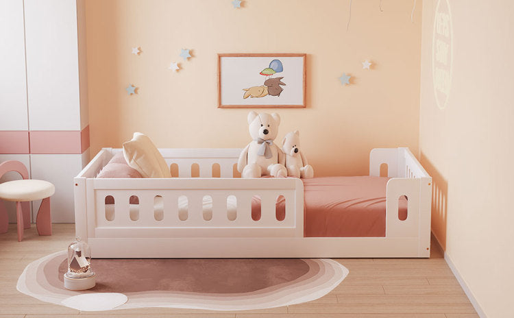Wood Twin Size Platform Bed With Guardrail, White