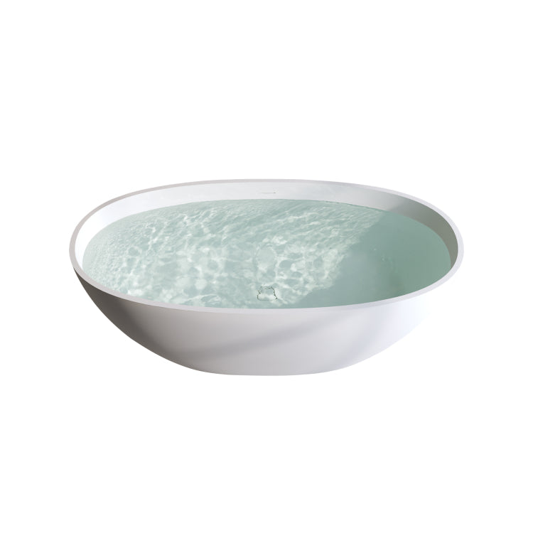 59'' Solid Surface Matte Tub, Solid Surface Soaking Tub, Stone Resin Freestanding Bathtub, Thick Edge Stand Alone Tubs With Overflow, Pop Up Drain, Matte White Oval