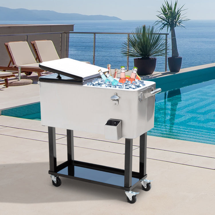 Outsunny 80 Qt Rolling Cooling Bins Ice Chest On Wheels Outdoor Stand Up Drink Cooler Cart For Party, Silver