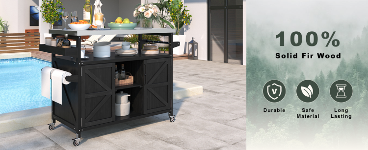 K&K Outdoor Kitchen Island, Rolling Bar Cart & Storage Cabinet, Farmhouse Solid Wood Outdoor Grill Table With Stainless Steel Top, Spice Rack , Towel Rack For Kitchen & Barbecue, Black