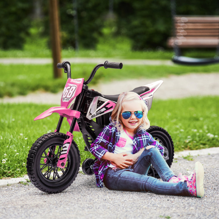 Qaba Kids Dirt Bike With Twist Grip Throttle, 12V Electric Motorcycle, Electric Bike For Toddler With Training Wheels, Rear Suspension & Music For Ages 3 6 Years, Pink
