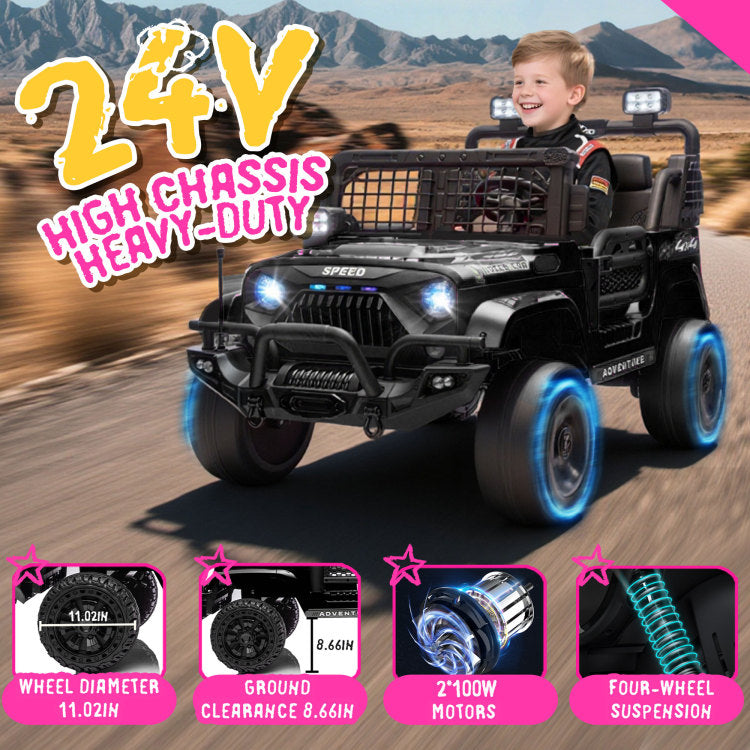 24V 100W*2 Two Seater Kids Ride On Car W Rc 3 Speed Adjustable,Led Headlights,4 Wheel Shock Absorption,Usb Mp3 Charging & Battery Indicator,Bluetooth & Music Electric Toy Car For Kids 3 8