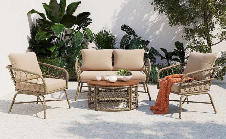 Bohemia Inspired 4 Person Outdoor Seating Group With Removable Cushions, Conversation Patio Set With Wood Tabletop, Beige