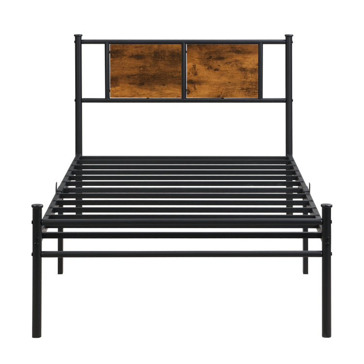Twin Size Metal Bedframe,Headboard With Wood Panel Decoration,Black