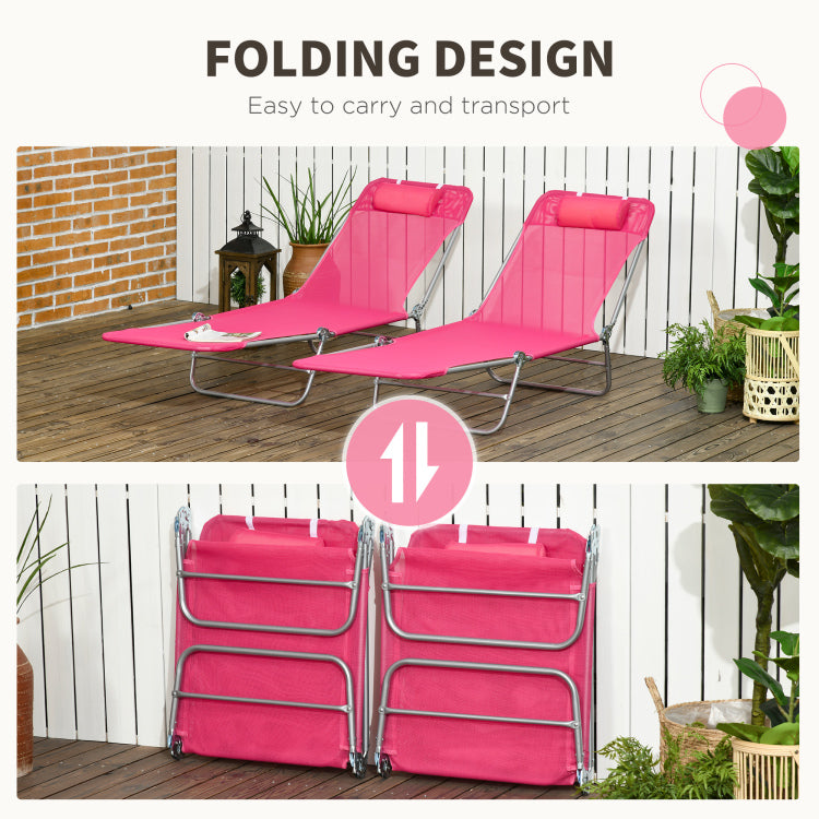 Outsunny 2 Piece Folding Chaise Lounge Chairs, Pool Sun Tanning Chairs, Outdoor Lounge Chairs With 6 Position Reclining Back, Mesh Seat, Headrest For Beach, Yard, Patio, Pink