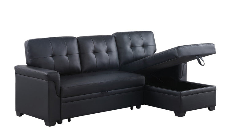 Jardin 84"W Black Vegan Leather Modern Reversible Sleeper Sectional Sofa With Storage Chaise