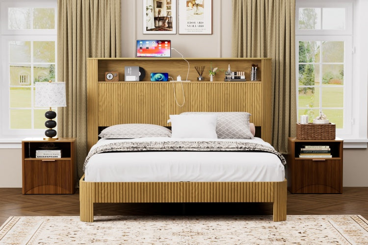 Queen Size Bed Frame With Storage Headboard, Built In Charging Station, Wavy Curved Lines Design, Silent Operation, Metal Support, Natural