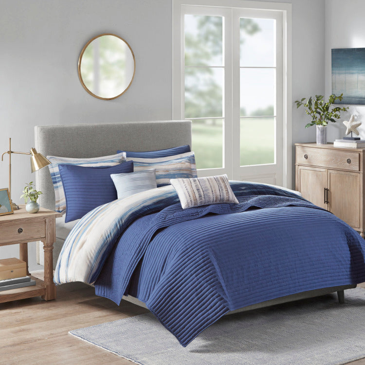 8 Piece Printed Seersucker Comforter And Quilt Set Collection Blue Full Queen
