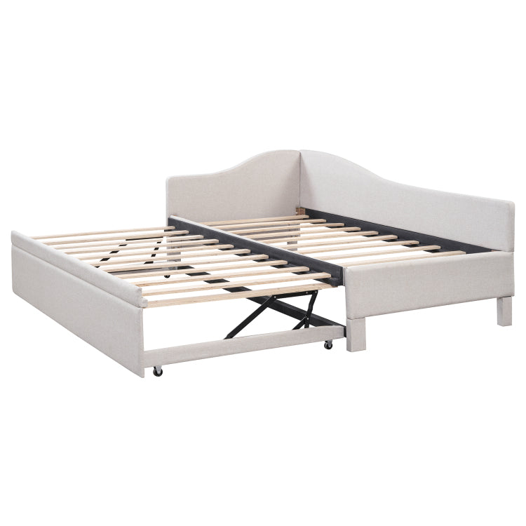 Twin Size Upholstered L Shaped Upholstered Daybed With Pop Up Trundle, Beige