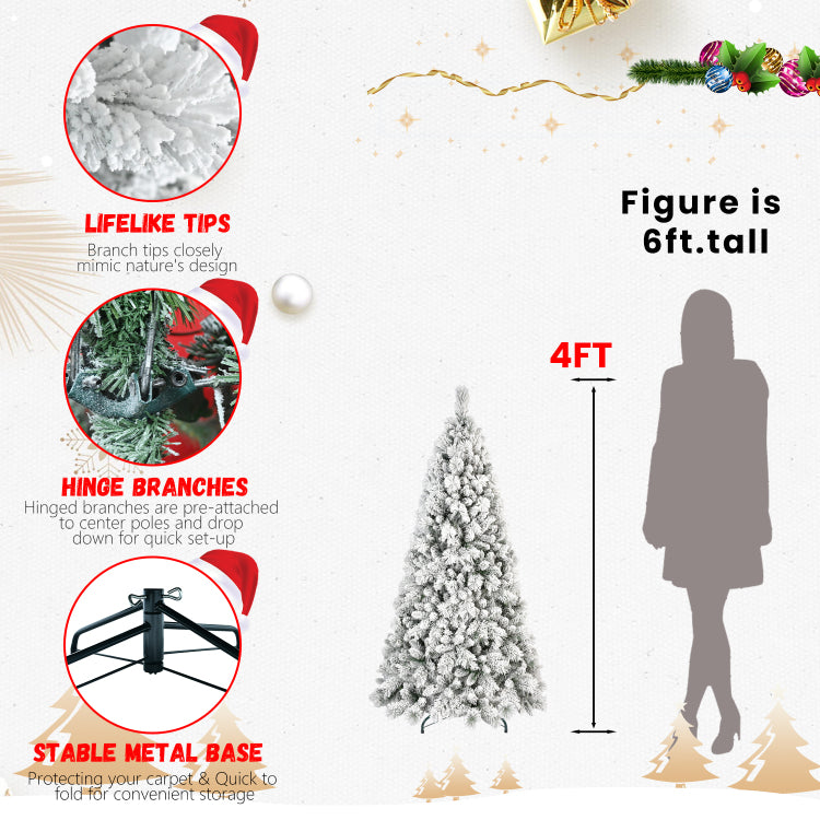 6Ft Flocked Christmas Tree With 752 Tips Snowy Pvc & Hard Needle Branches, Hinged Structure For Easy Setup, Stable Metal Stand Realistic Full Body Holiday Tree