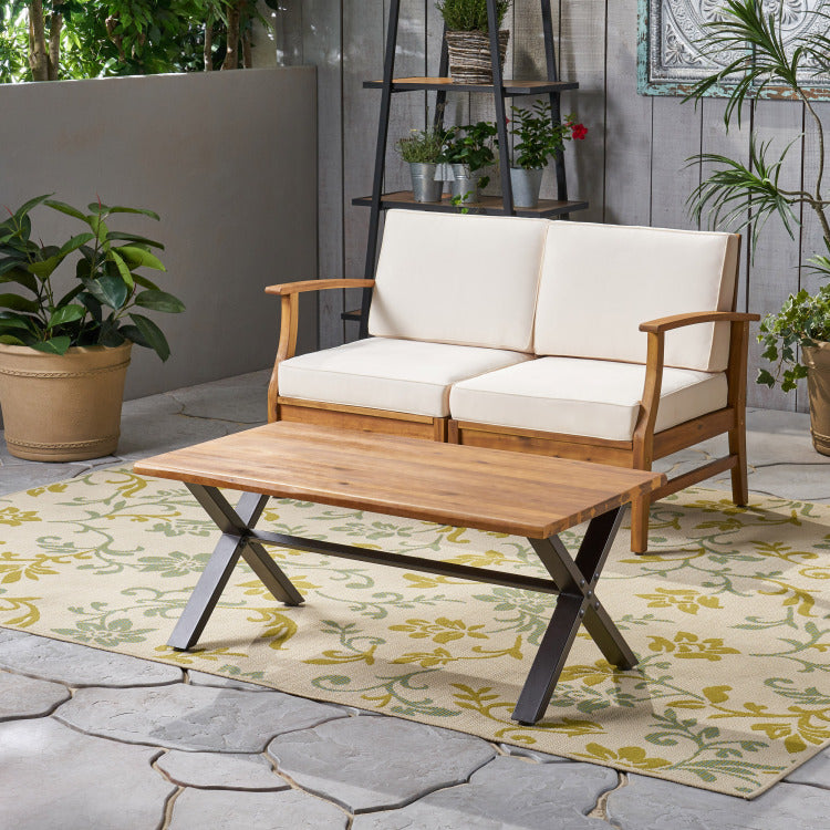 Outdoor Acacia Wood Coffee Table, Teak Finish Rustic Metal,Black And Brown, 18'' H X 27.25'' W X 43.25'' L