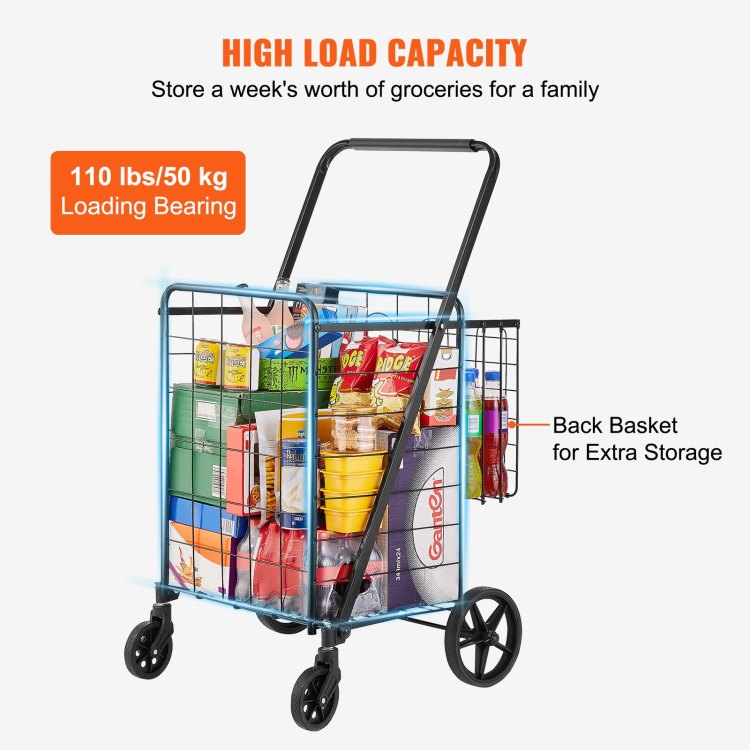 Folding Shopping Cart, Jumbo Grocery Cart With Double Baskets, 360 Swivel Wheels, Heavy Duty Utility Cart, 110 Lbs Large Capacity Utility Cart For Laundry, Shopping, Grocery, Luggage