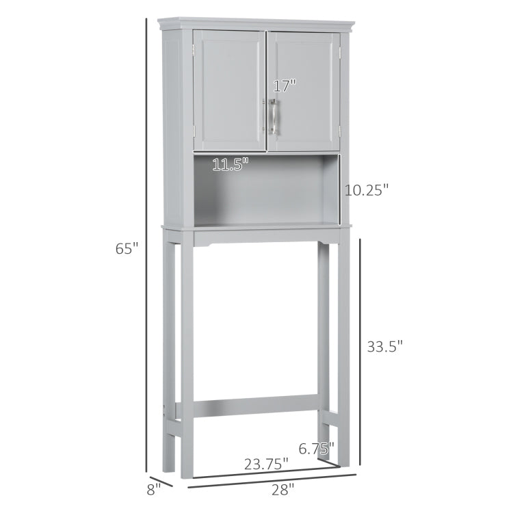Kleankin Modern Over The Toilet Storage Cabinet, Double Door Bathroom Organizer With Inner Adjustable Shelf And Open Shelf, Grey
