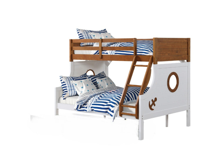 Modern Novelty Style Twin Over Full Bunk Bed With Attached Angled Ladder Rails And Lock Joint Structure For Safety Oak Finish Upper Bed White Finish Lower Bed