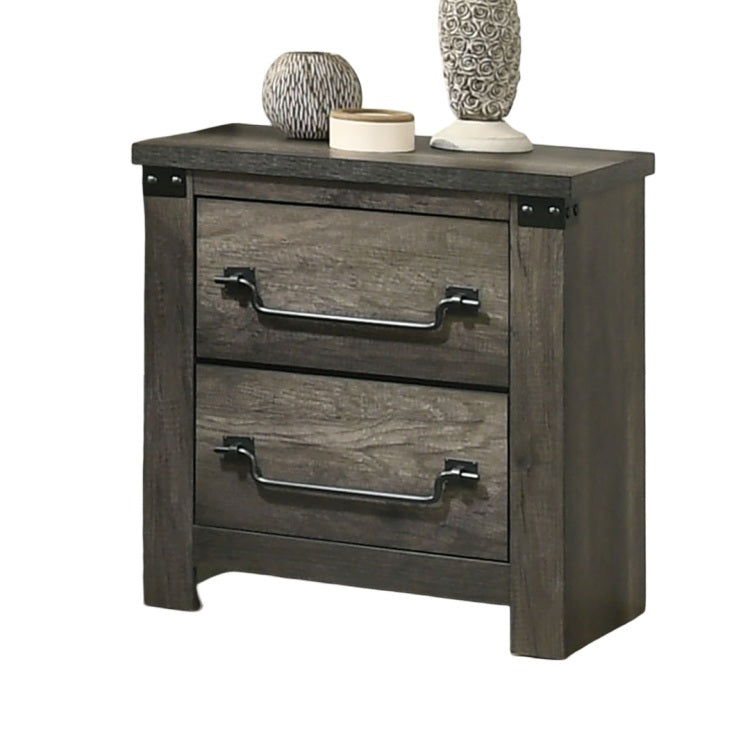Farmhouse Rustic Gray Bedside Table Bedroom 1Pc Nightstand English Front Antique Brass Color Drop Handles