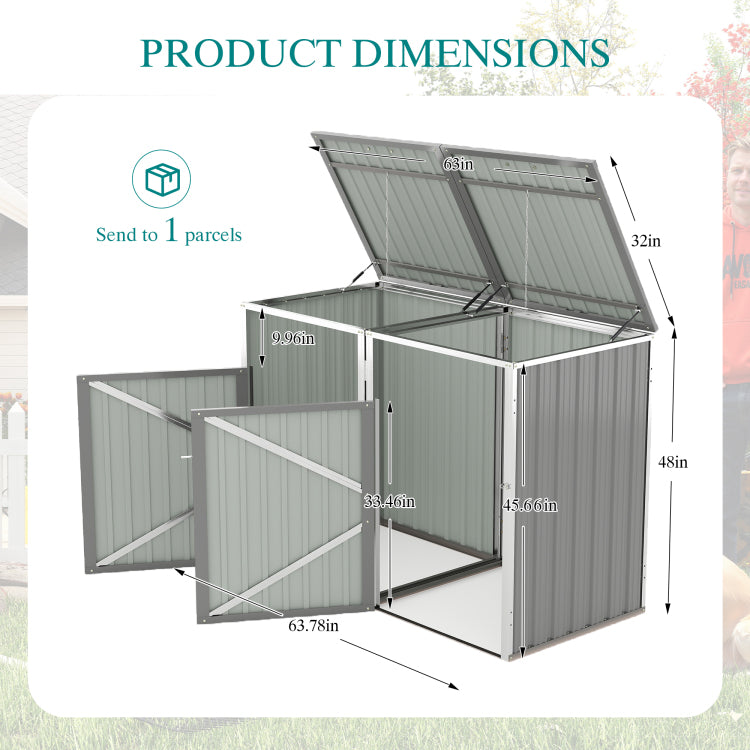 Garbage Bin Shed Stores 2 Trash Cans Metal Outdoor Bin Shed For Garbage Storage,54 Cubic Feet Of Space,Stainless Galvanized Steel, Bin Shed For Garden Yard Lawn,Grey