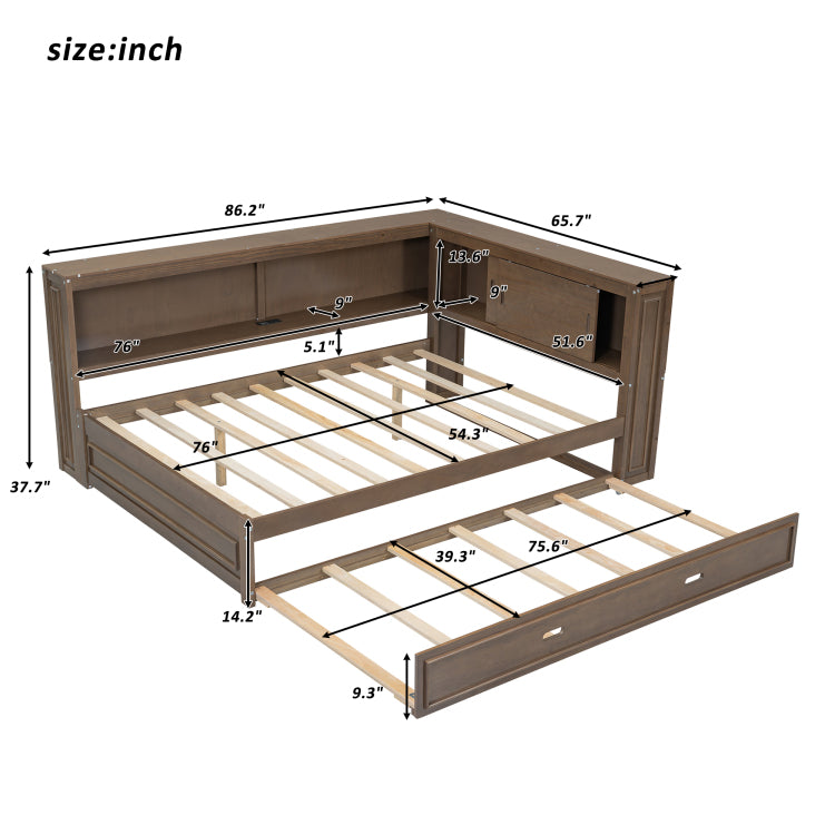 Full Size Wood Daybed With Storage Shelves, Usb, Led, And Trundle, Antique Wood Color