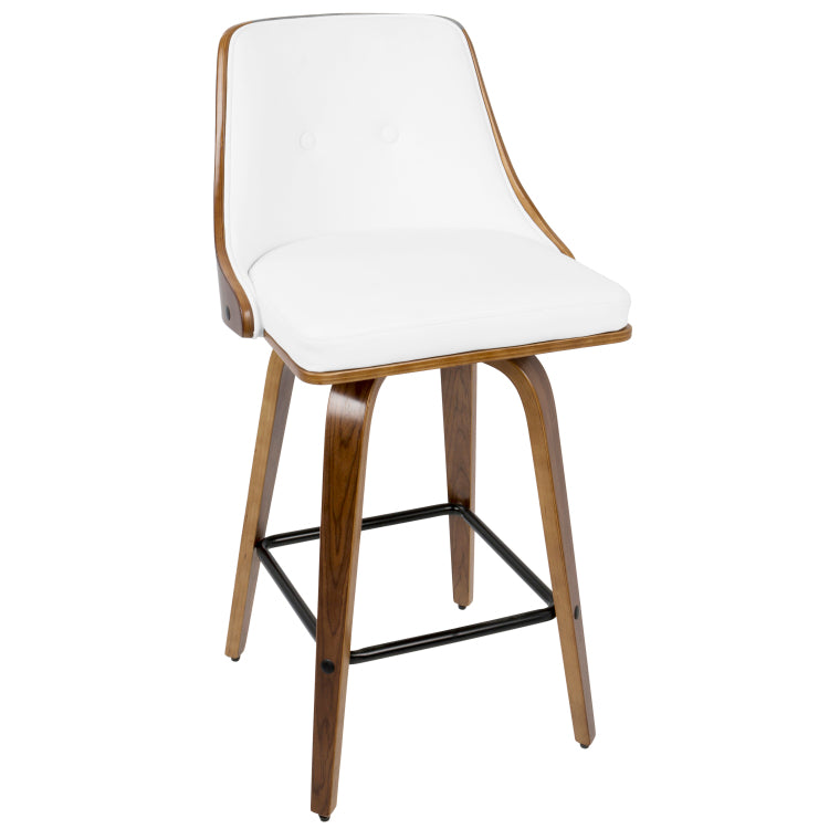 26" Mid Century Modern Counter Stool In Walnut With White Faux Leather Set Of 2