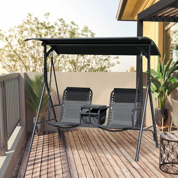 Outsunny 2 Seat Patio Swing Chair, Outdoor Canopy Swing Glider With Pivot Storage Table, Cup Holder, Adjustable Shade, Bungie Seat Suspension And Weather Resistant Steel Frame, Black