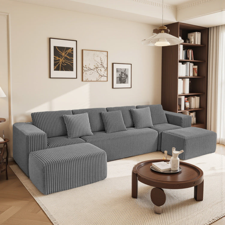 Modular U Shaped Sectional Sofa, 132 Inch 4 Seater With Reversible Chaise Lounge Gray Striped Corduroy Fabric, Modularly Adjustable For Living Room & Bedroom, Feat. Freely Configurable Layout