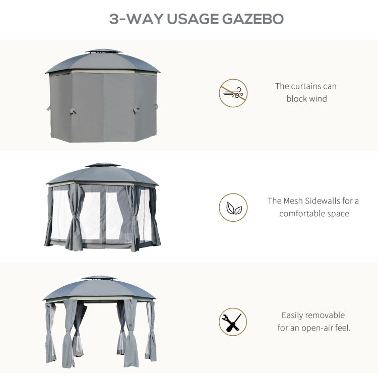 Outsunny 12' X 12' Round Outdoor Gazebo, Patio Dome Gazebo Canopy Shelter With Double Roof, Netting Sidewalls And Curtains, Zippered Doors, Strong Steel Frame, Grey